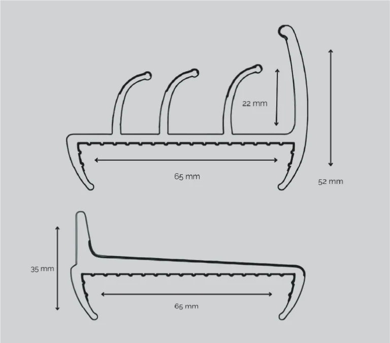 Desenho técnico do perfil de vedação com medidas de 65 mm, 52 mm, 35 mm e 22 mm